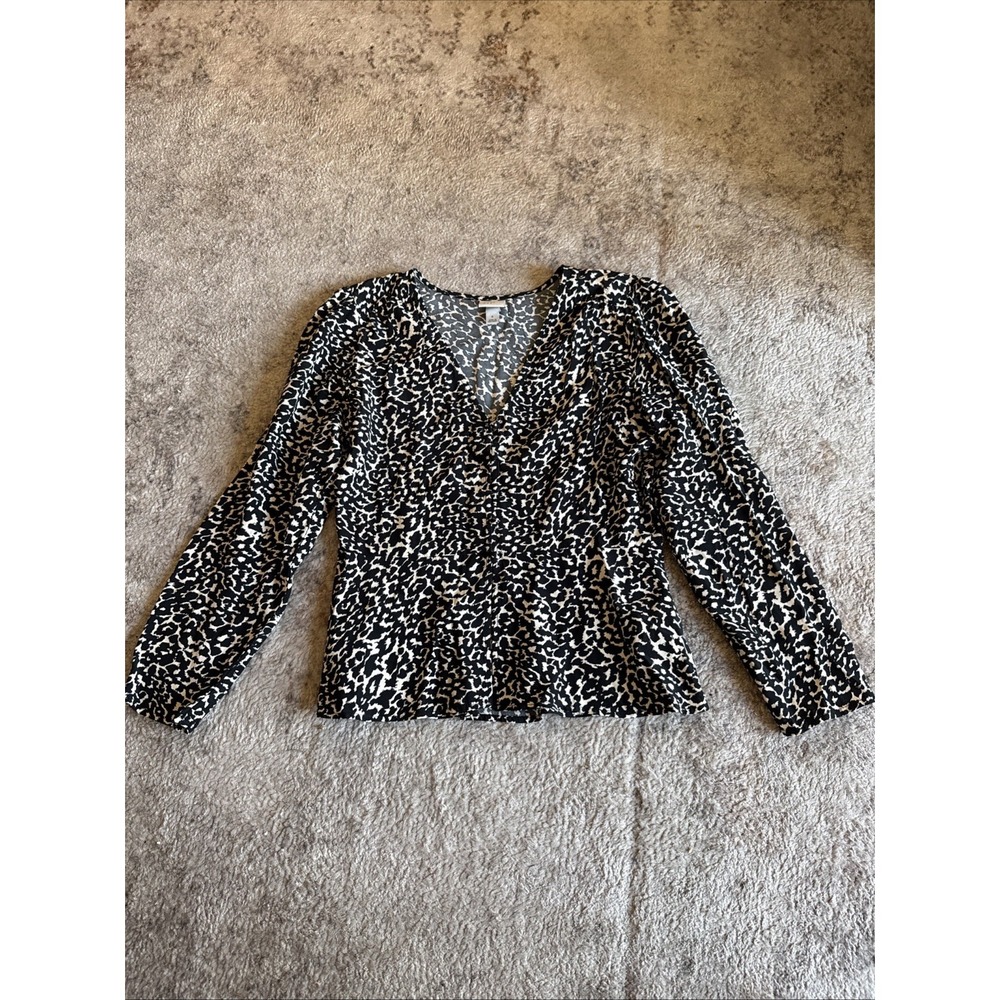 A New Day Women Black Cream Animal Print V-Neck Long Sleeve Rayon Blouse Sz S
